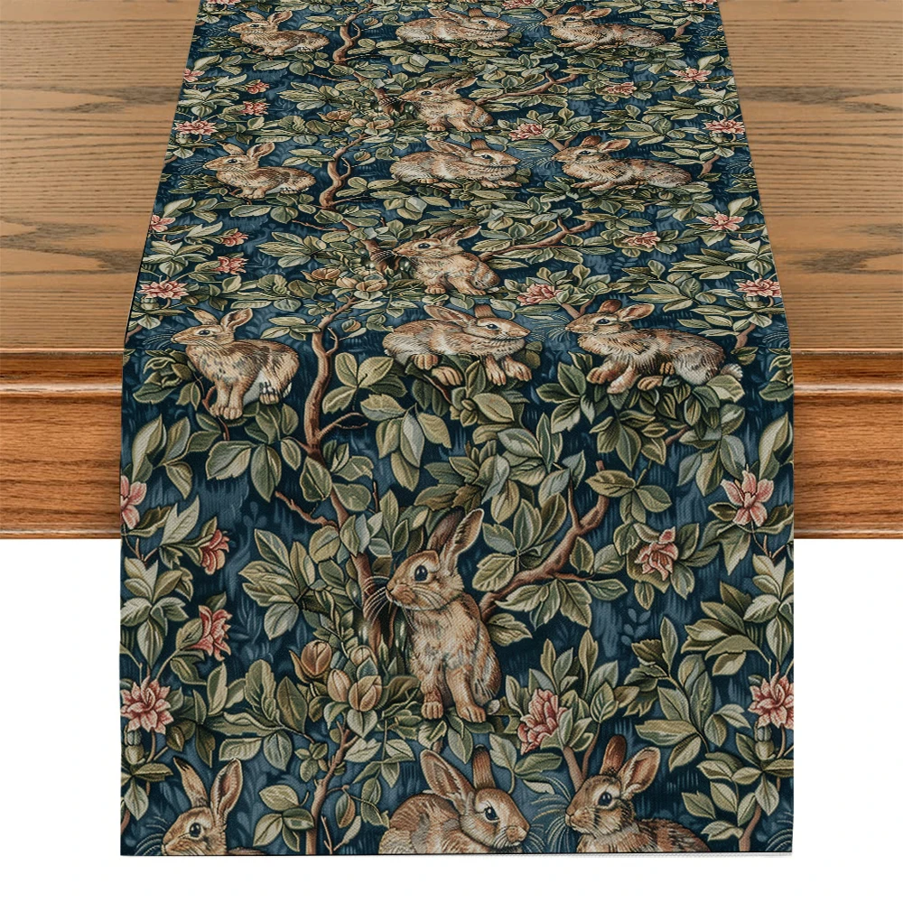 Rabbit Mosaic Forest Table Runner Dining Table Cloth  Decor for Kitchen Holiday Party Table Runners Decoration for Home Kitchen