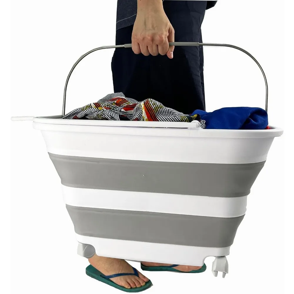 سلة غسيل بلاستيكية قابلة للطي سعة 35 لترًا بمقبض وعجلات - تخزين قابل للطي للغسيل