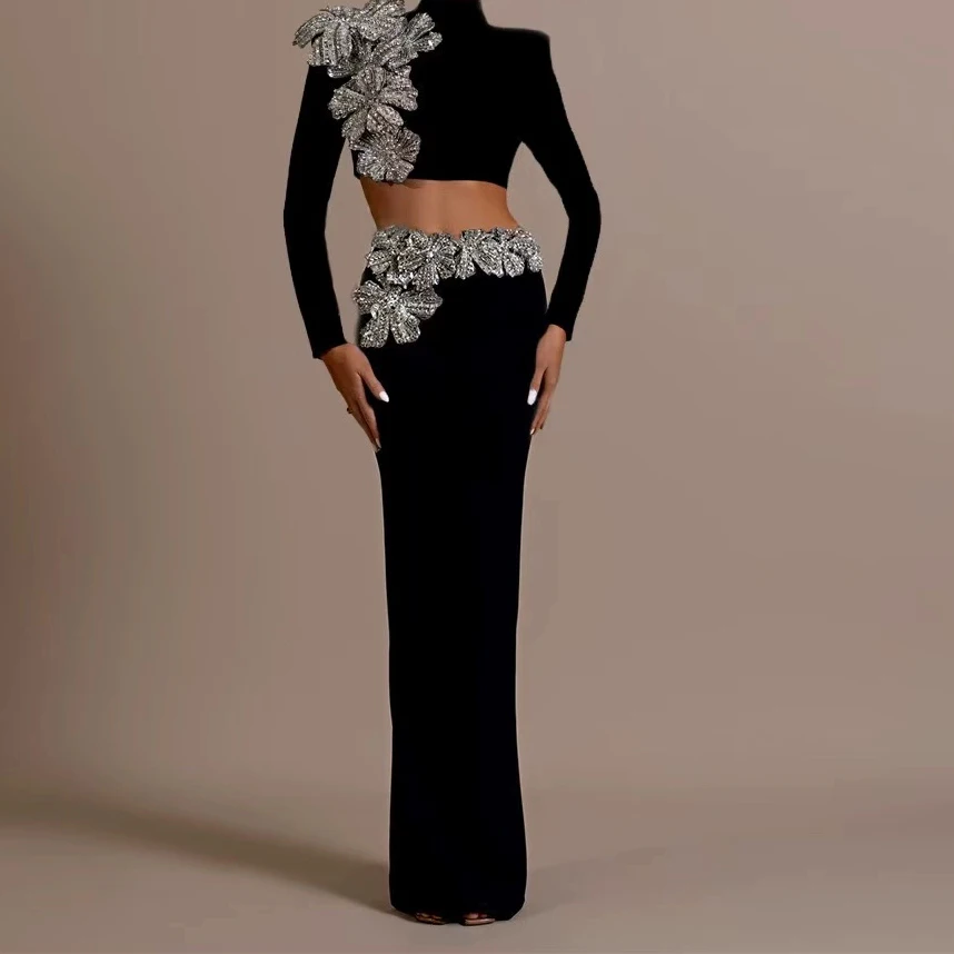 

Fashion suit: half turtleneck long-sleeved floral rhinestone short top & hip-wrapped long skirt black two-piece suit-GZXX859