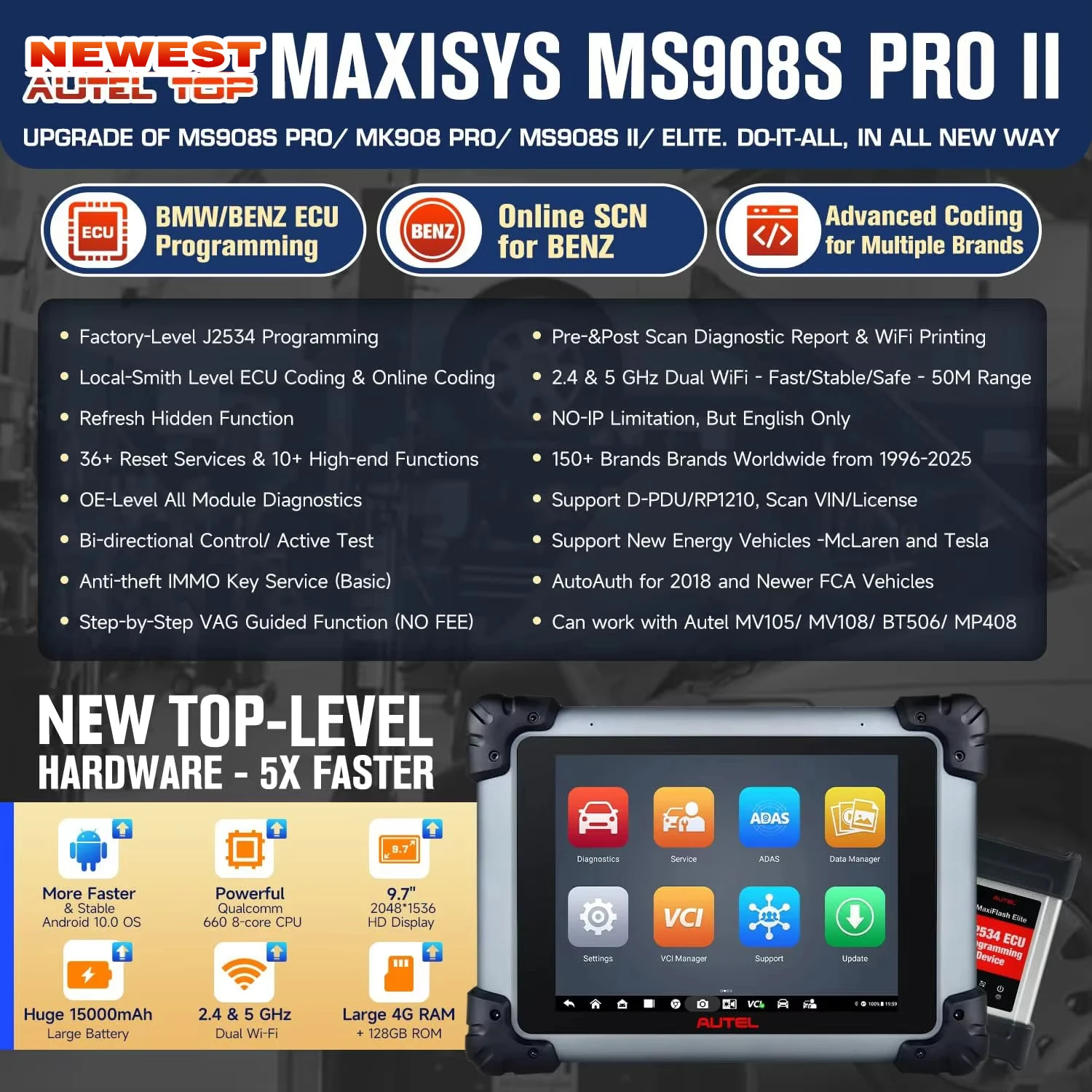 Autel Scanner MaxiSYS MS908S PRO II OBD2 Bi-Directional Diagnostic Tool J2534 ECU Programming Online Coding 4000+Test PK MK908P