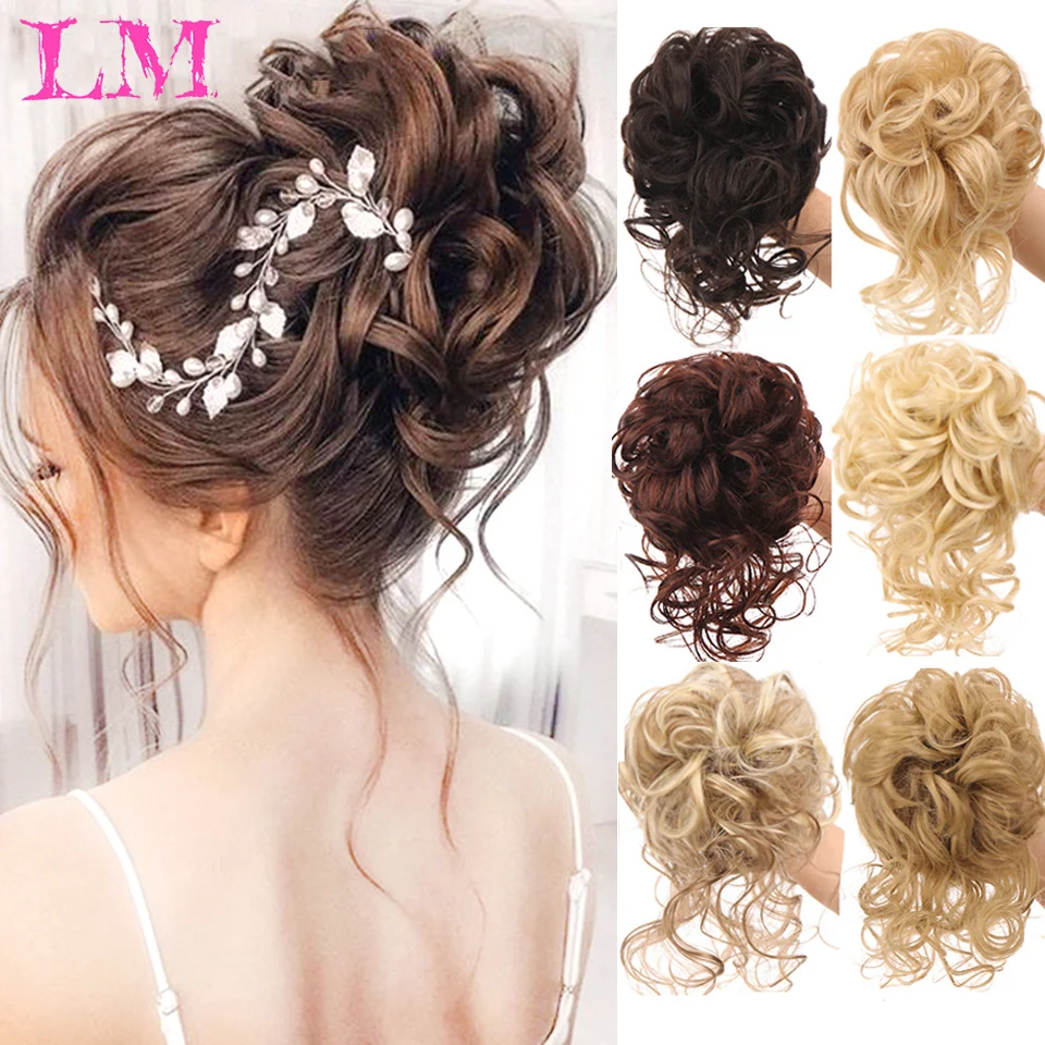 LM syntetyczny kok z włosów Chignon roztrzepany kręcone włosy opaska elastyczne Scrunchy sztuczne włosy dla kobiet spinki do włosów czarny brązowy