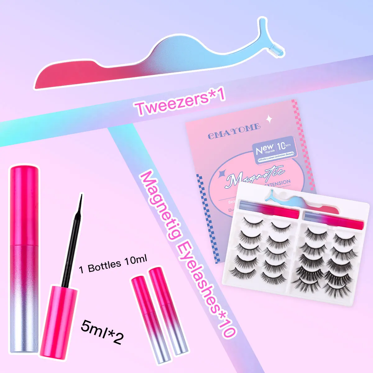 Kit de pestañas magnéticas con aplicador, pestañas postizas reutilizables con 5/10 imanes, maquillaje de efecto natural, pestañas magnéticas con delineador de ojos