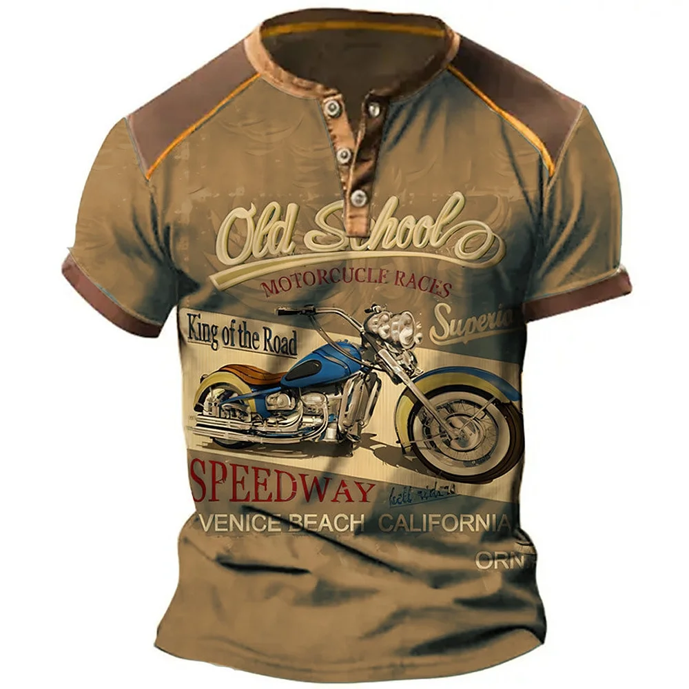 Modische Herren-Henley-Shirts mit Lustigem Motorrad 3D-Druck T-Shirt Sommer Lässiges Kurzarm-Oberteil mit Knöpfen Outdoor-Fahrrad-Sportbekleidung