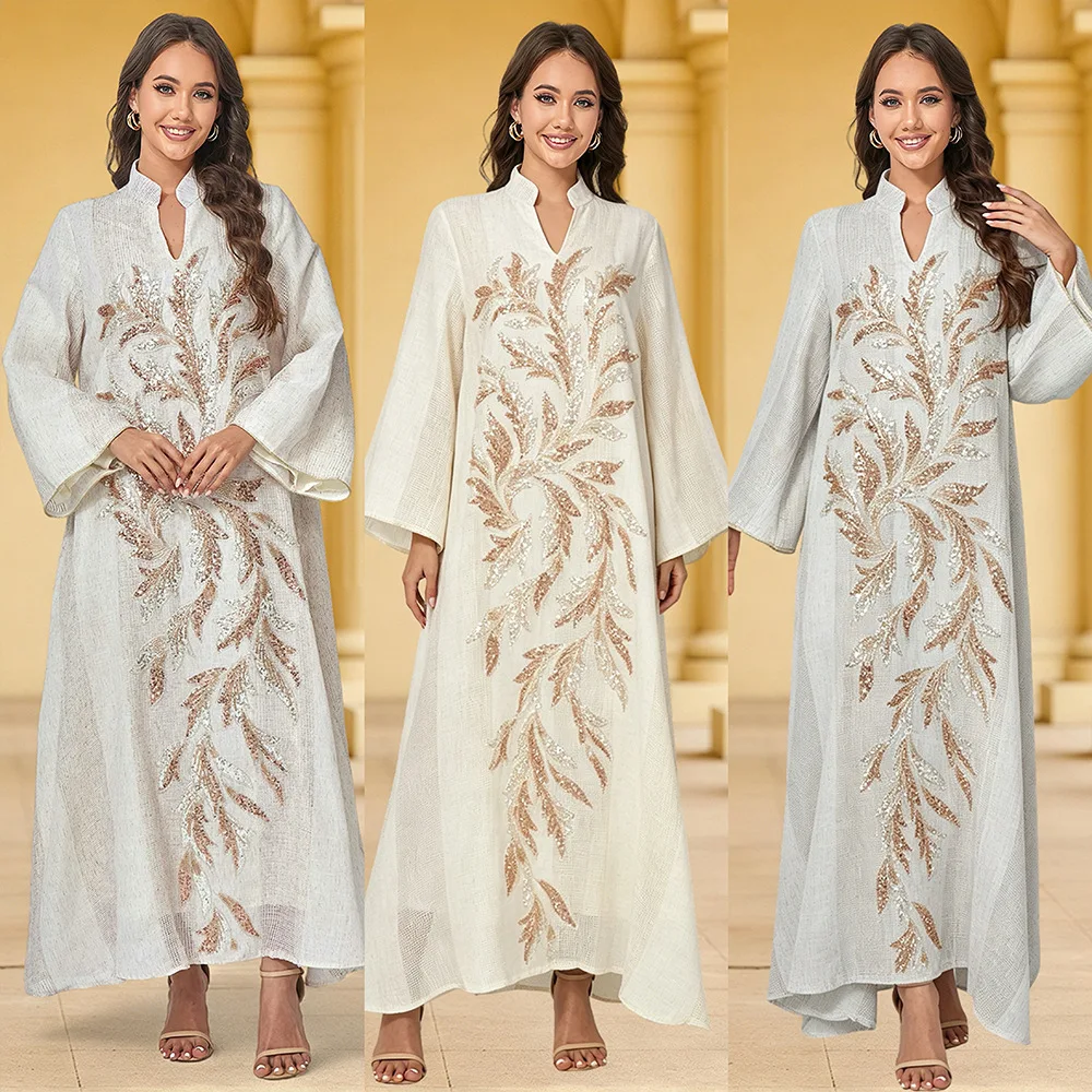 Women Patchwork Beading Embroidered Casual Luxury Elegant Loose V-neck Long Sleeve Jalabiya Arabian Turkey Muslim Fashion Abaya