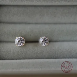 Genuine 925 Sterling Silver Simple Single Shiny Zircon Stud Earrings For Women Valentine's Day Fine Jewelry