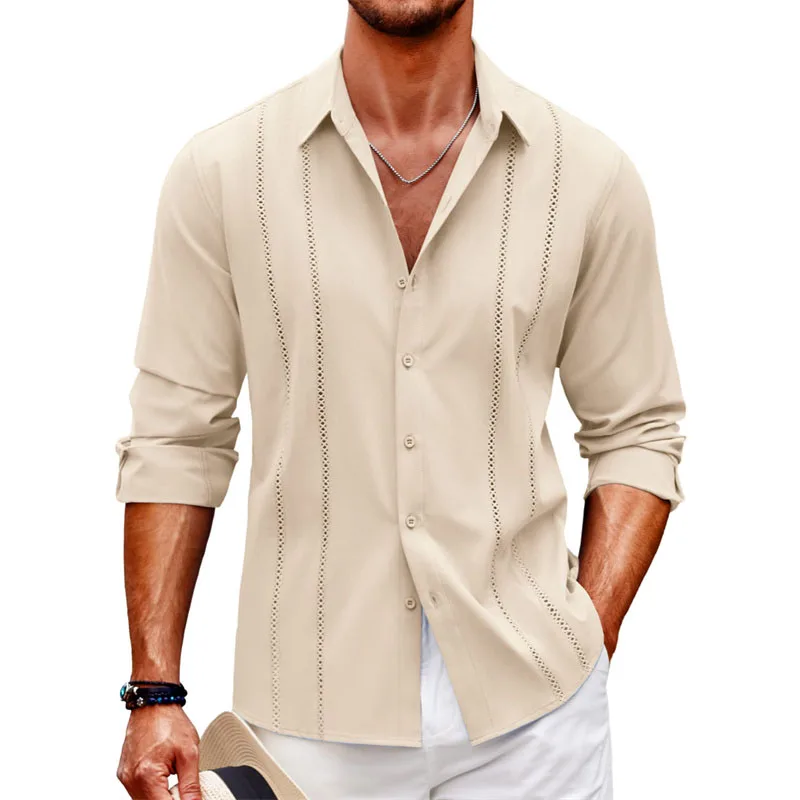 Simple new casual lace long sleeve shirt cross-border beach linen button men's long sleeve solid color plus-size shirt