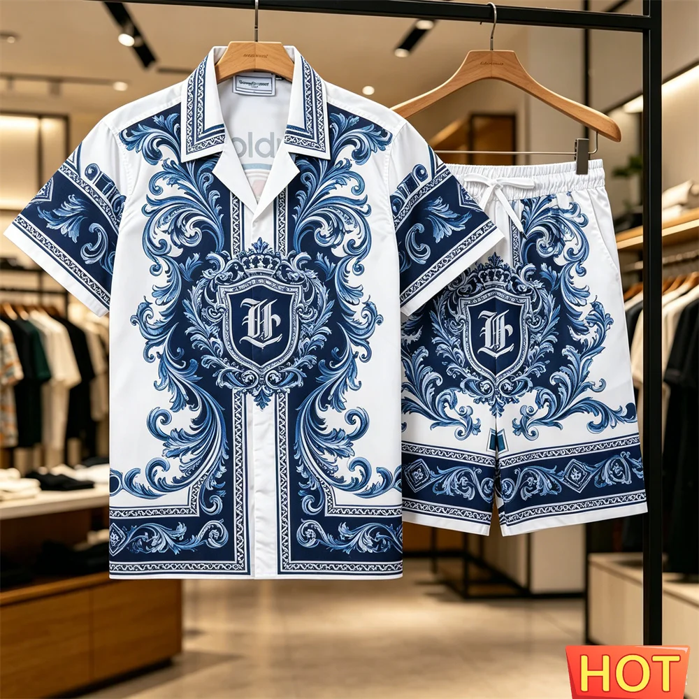 Retro-Muster Hemd-Set, Hemd-Hosen-Set, Sommerliches Hawaii-Urlaubshemd-Set für Herren, Atmungsaktives, lässiges zweiteiliges Herren-Set, Homewear-Set