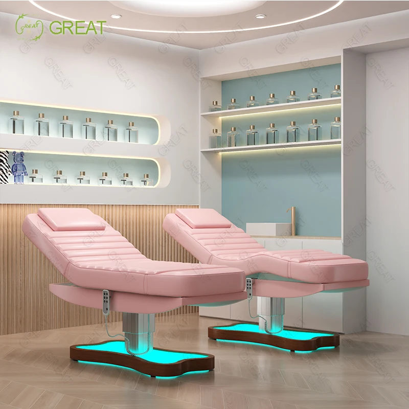 2023 Lash Bed Luxury Eyelash Bed Beauty Salon Furniture Electric Pink Beauty Chair Facial Massage Table Bed With Led Lighting