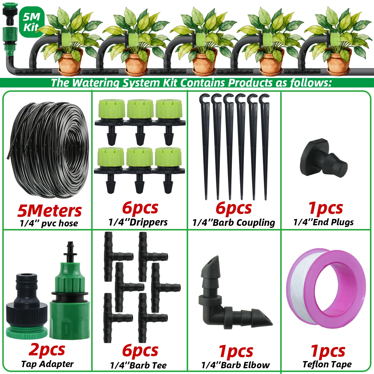 5-30M Tuin 1/4 ''Slang Druppelirrigatie Kit Automatisch Besproeiingssysteem Verstelbare Draagbare Waterbesparende Kasplant bloem
