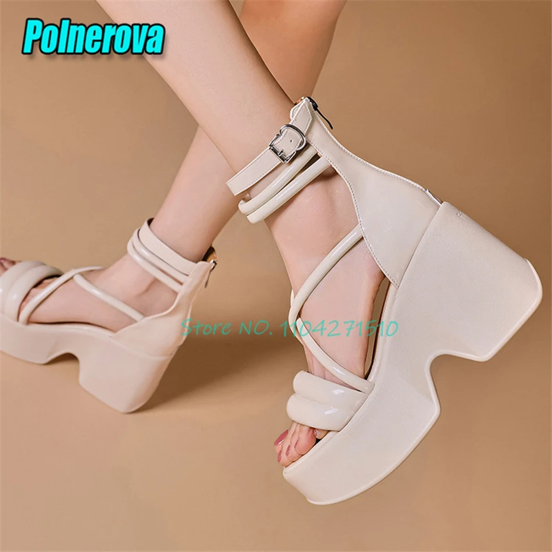 Women Chunky Platform Open Toe Ankle Buckle Sandals Genuine Leather Cross Strap 10CM High Heels Summer New Outdoor Casual Shoes