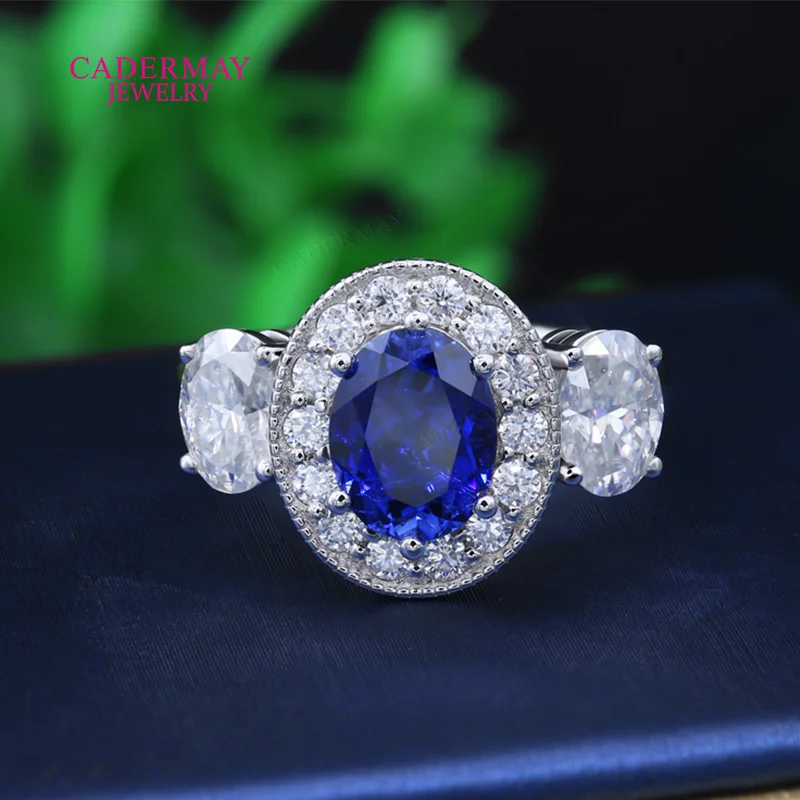 

High Quality 925 Silver Lab Grown Sapphire Ring 7x9mm Blue Sapphire Ring 3 Stones Moissanite Engagement Ring For Women Gift