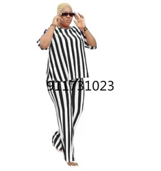 Striped African Clothes For Women 2 Piece Set T Shirt Tops And Pant Suits Fashion 3/4 Sleeve Casual African Office Lady Outfits