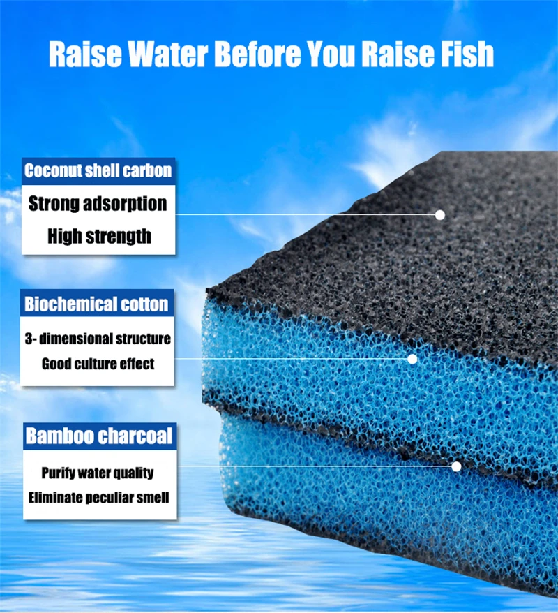 3-in-1 Aquarium Filter Media Coconut Carbon Bio Sponge Bamboo Charcoal 50cm Water Purification Deodorize No Water Change