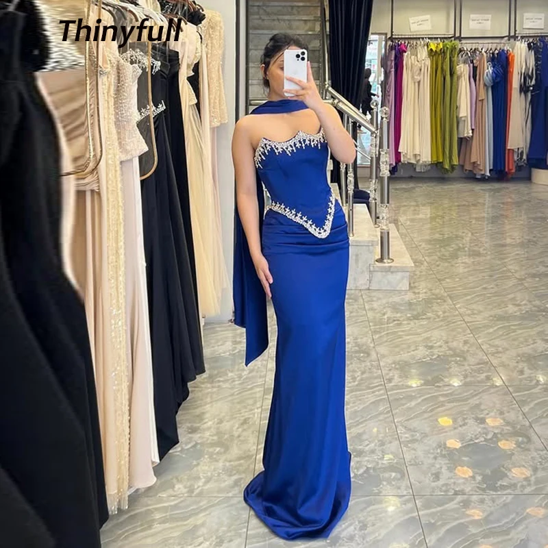 

Thinyfull Mermaid Modern Satin Prom Dresses Crystal Sleeveless Evening Gown Formal Occasion Dress robes de soirée Customized