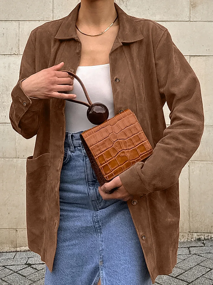 Casual Brown Lapel Pocket Suede Leather Jacket Woman 2024 Fashion Single Button Long Sleeve Coat Lady Autumn Street Outwear