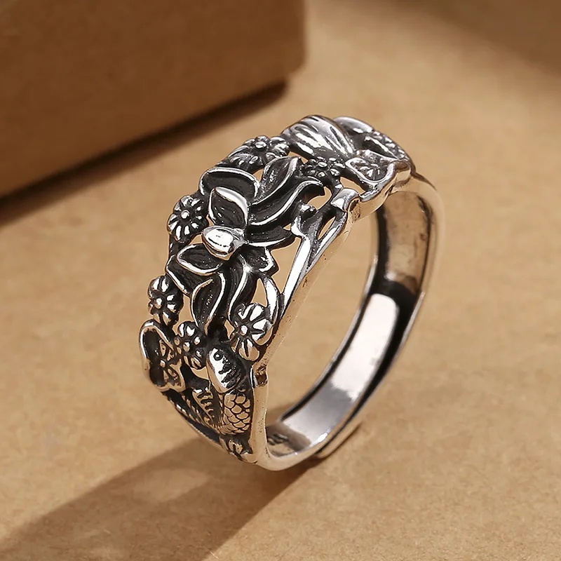 Retro Hohl Fisch Lotus Ring Weiblichen Zeigefinger Zubehör Einstellen Trendy 925 Silber Ring Für Frauen Schmuck Antiquing Design