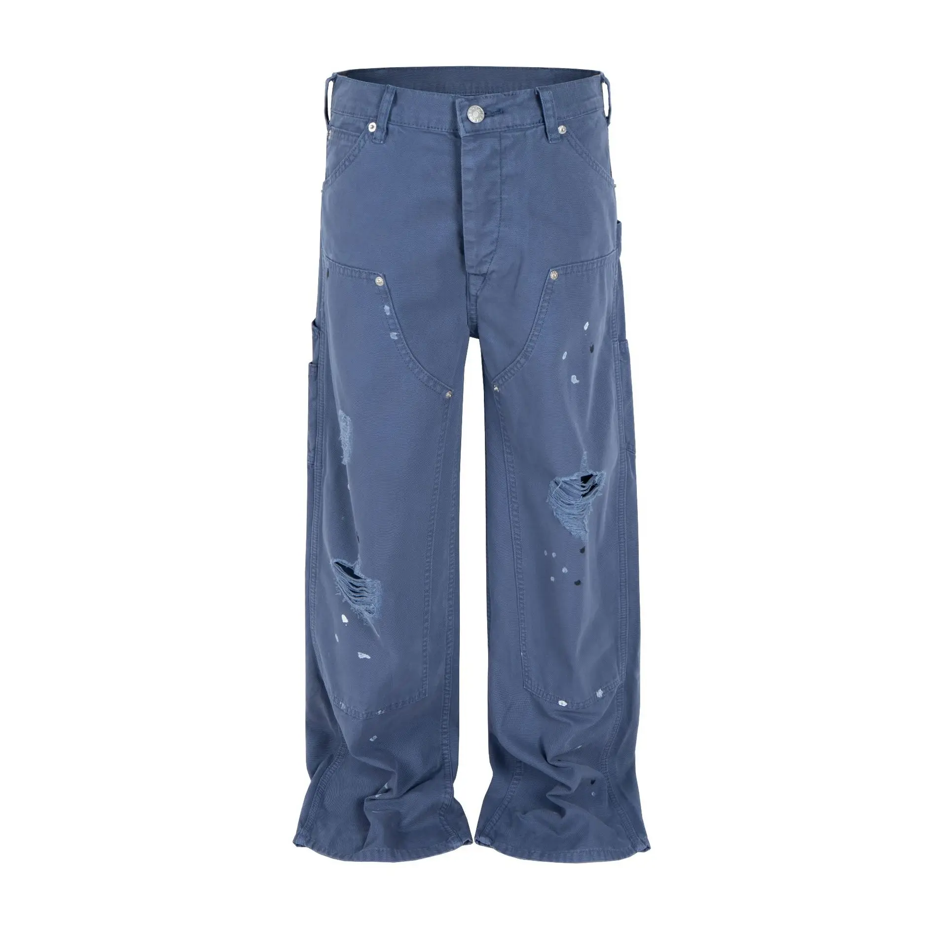 Men's Ripped Carpenter Pants Distressed Paint Splatter Relaxed Fit Workwear Trousers Streetwear Hip Hop Baggy Casual Cargo Pants