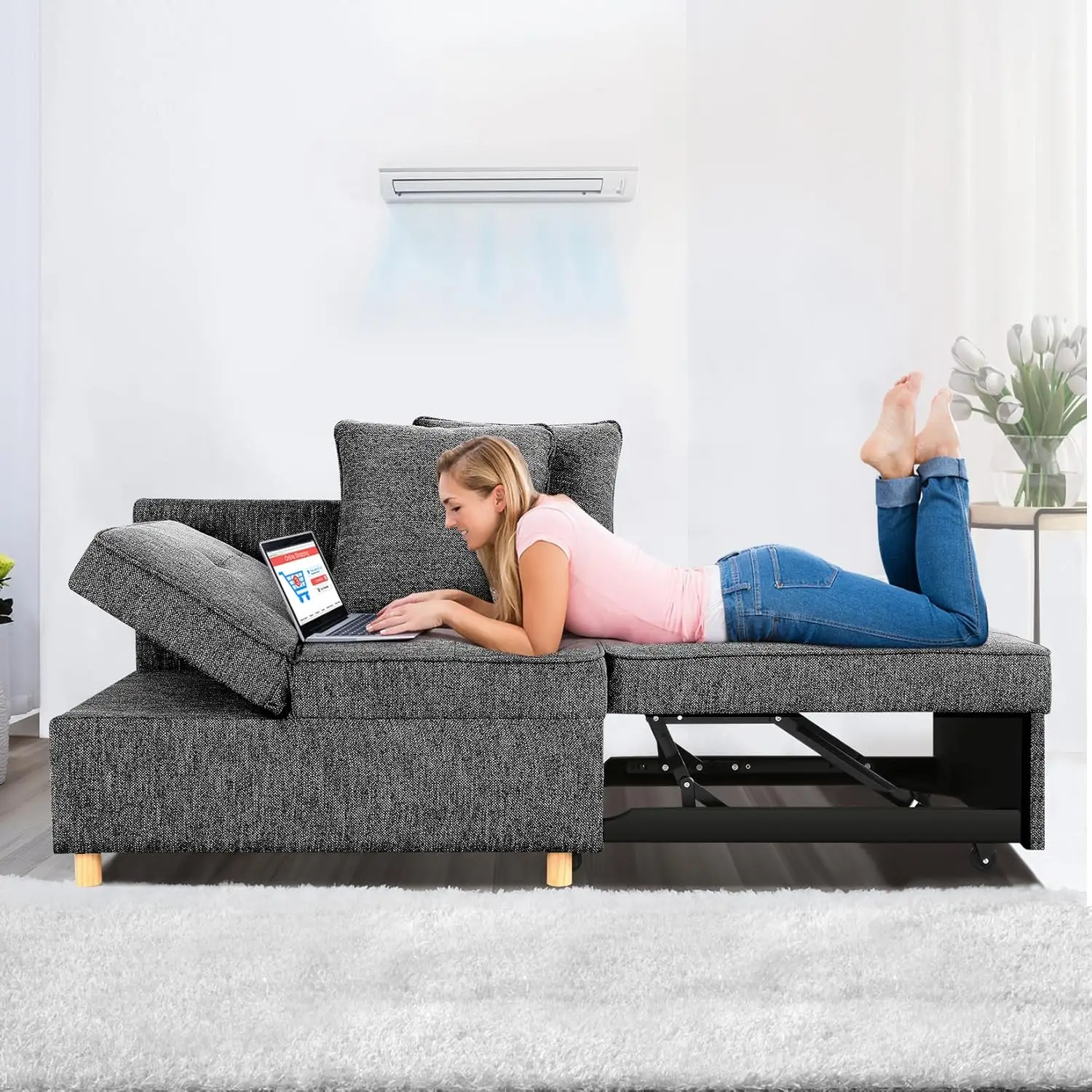 Sofa bed four in one convertible sofa and long sofa, 3-seater linen sofa with 2 pillows and 5 adjustable backrests, black