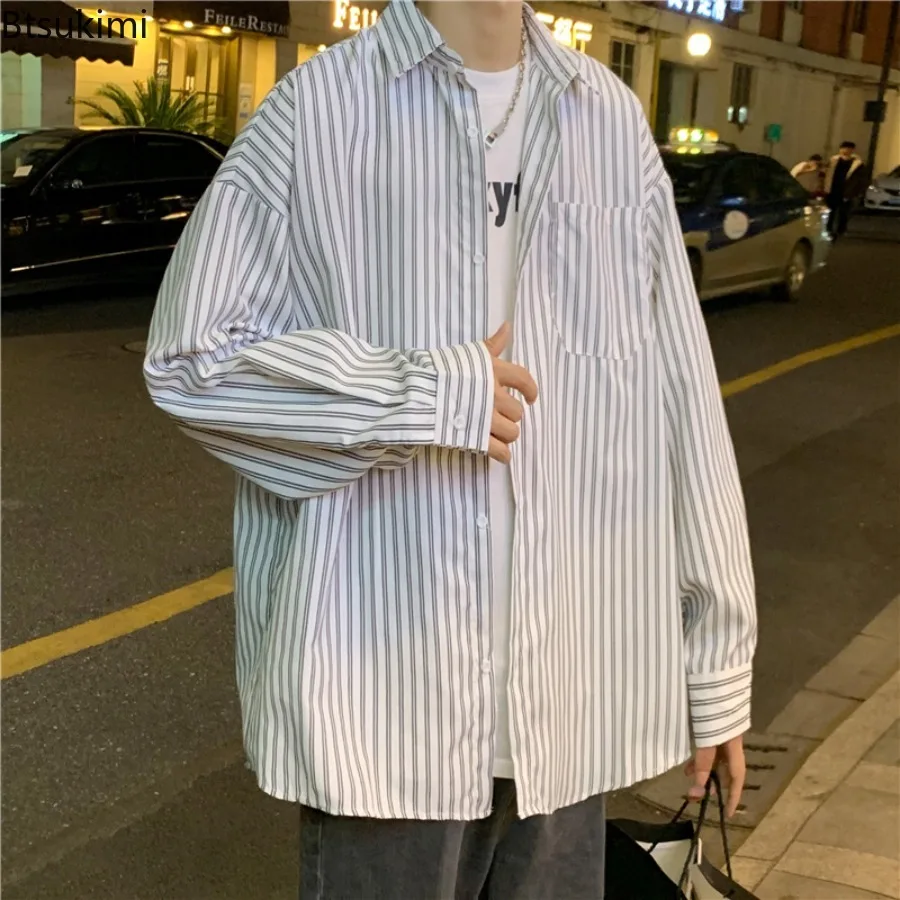Men's Long Sleeved Korean Style Fashion Shirts Harajuku Trendy Striped Shirt Spring Autumn Hong Kong Style Casual Shirt Coats