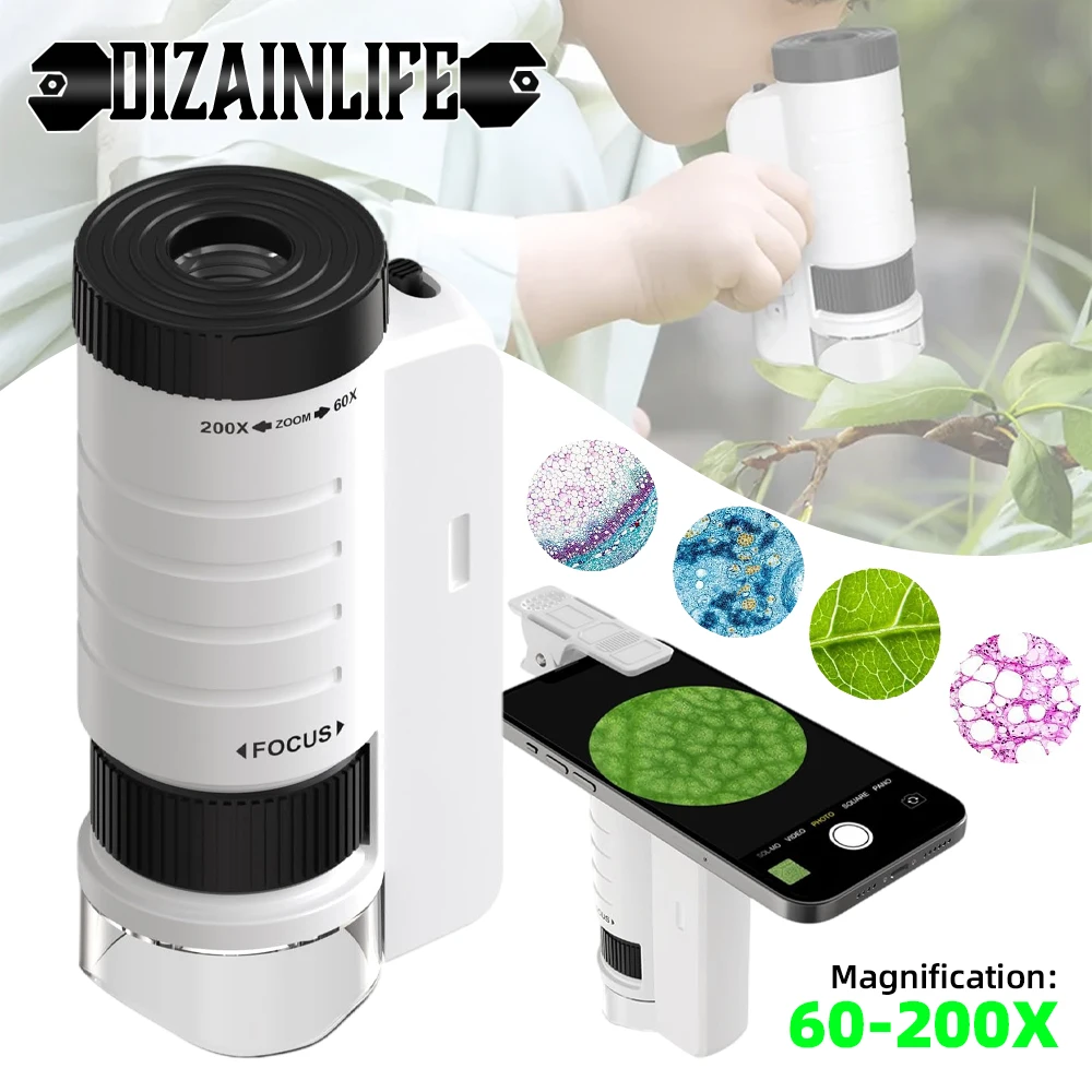 60-200X Children Microscope Pocket Microscope with LED Portable High Definition Science Microscope Outdoor Pocket Kid Microscope