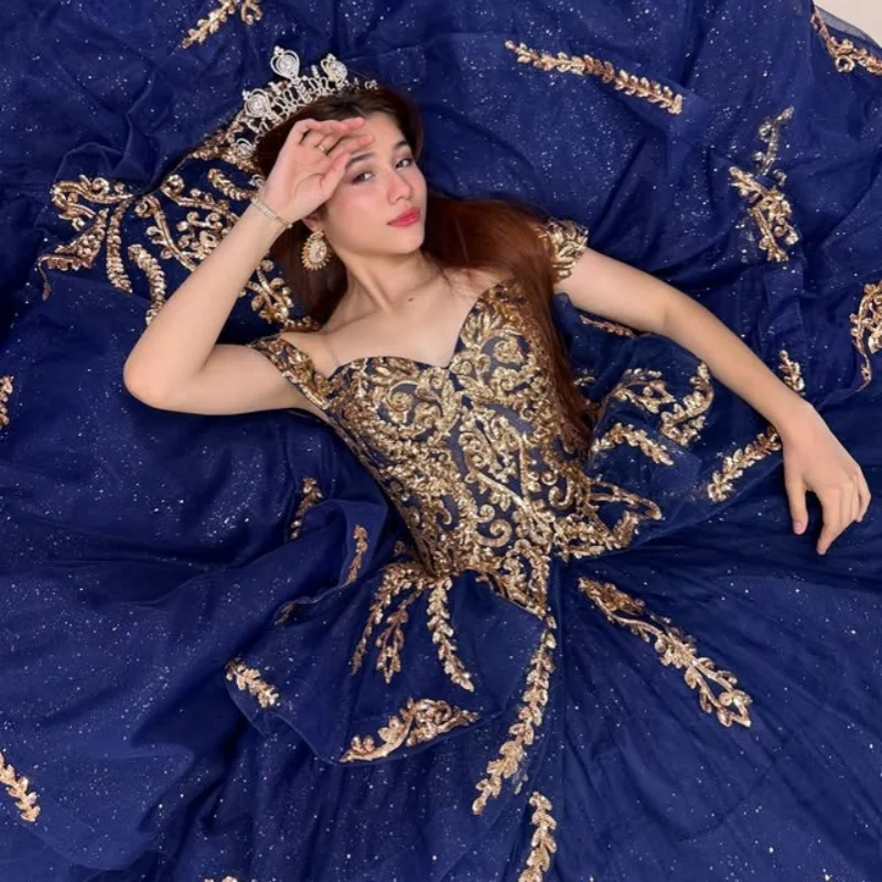 Customized royal blue Quinceanera Dresses Off the Shoulder golden sequin applique layering Tull Long tail Vestido 15 Quinceanera