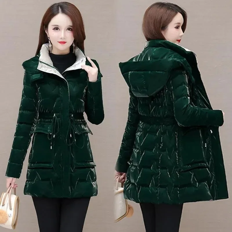 Winter Glossy Snow Jacket Women\'s Down Cotton Slim Hooded Coat Mother Warm Mid Long Overcoat Fashion Female Thicke Parkas Jacket