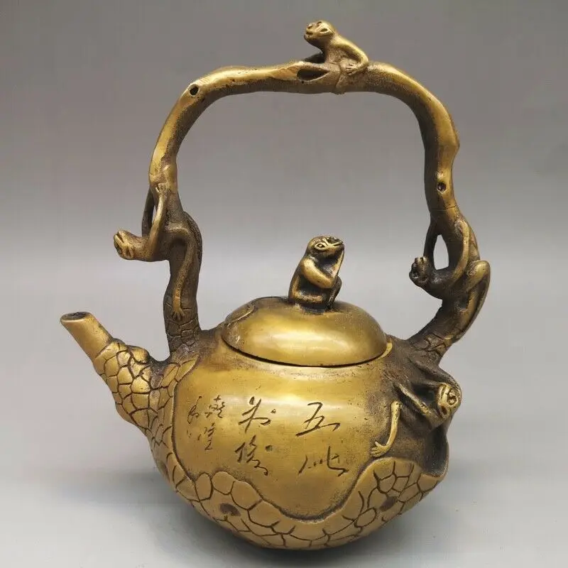 

7" Chinese Old Antique Qianlong Mark Brass Monkey Statue tiliang Tea Pot