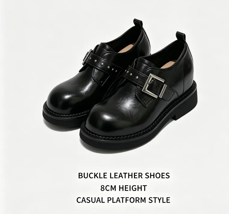 2026 New Women's 7cm Lift Loafers Velcro Thick Sole Black Leather Casual Shoes