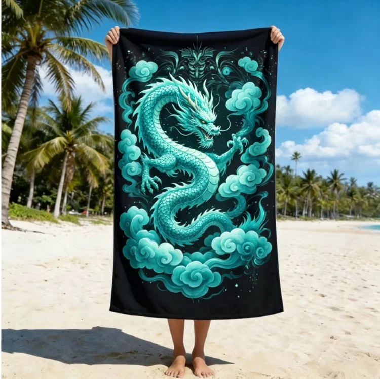 Chinese Mythical Four Symbols Print Beach Towel, Quick Dry Sand Free Microfiber Towel for Beach Pool Camping