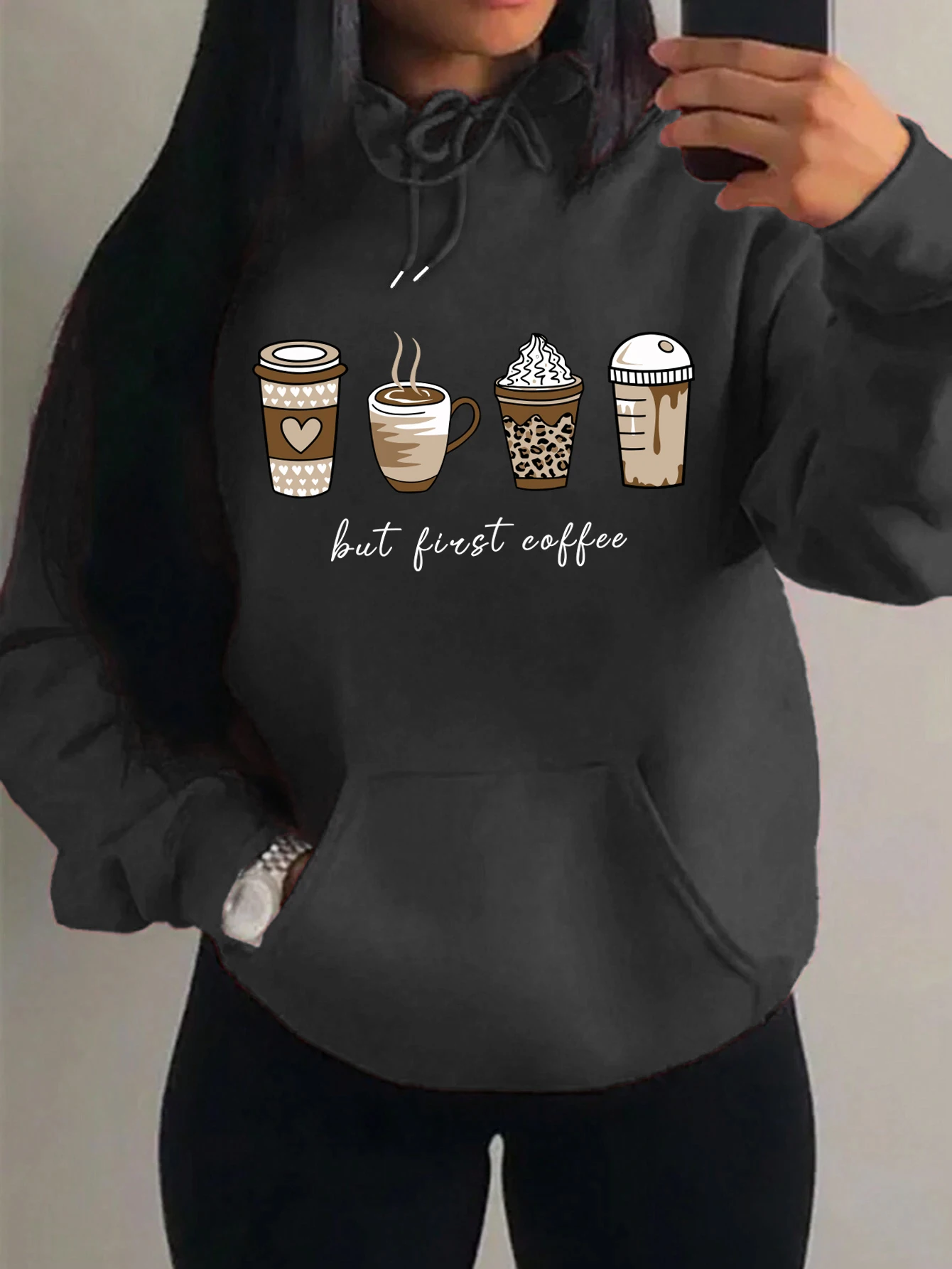 Aber zuerst Kaffee-Cartoons, Kaffeegetränke-Muster, Kapuzenpullover, modische, warme Kapuzenjacke, lässiger, trendiger Sweatshirt, Streetwear, Damenpullover. – Detail 7