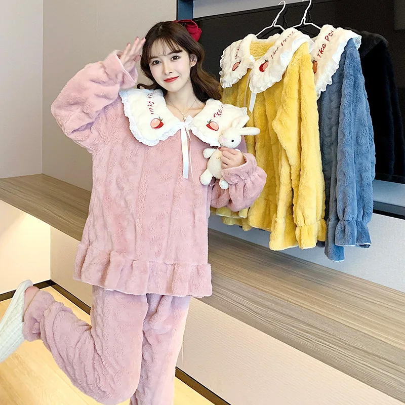 

Cozy Plush Winter Warm Pajamas Set Women's Princess Style Doll Collar Sleepwear Coral Fleece Long-sleeved Trousers Two-piece Set