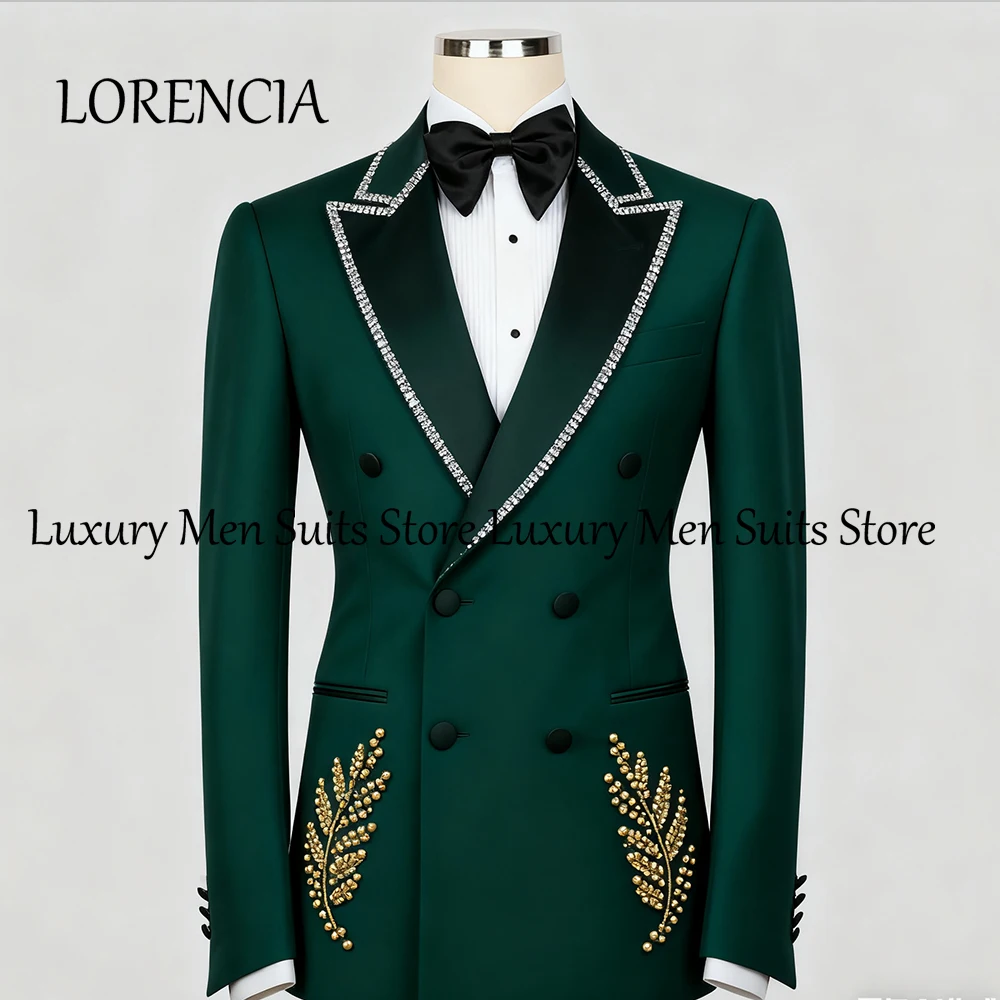 

Glitter Crystal Suits for Male 2 Pcs Double Breasted Evening Party Beading Tuxedos Set Customized Blazer Pants trajes de novio
