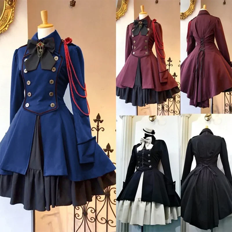 Vintage bow lolita dress long sleeve big size ruffle cosplay Gothic tie button lace up knee length dress Halloween Christmas dre