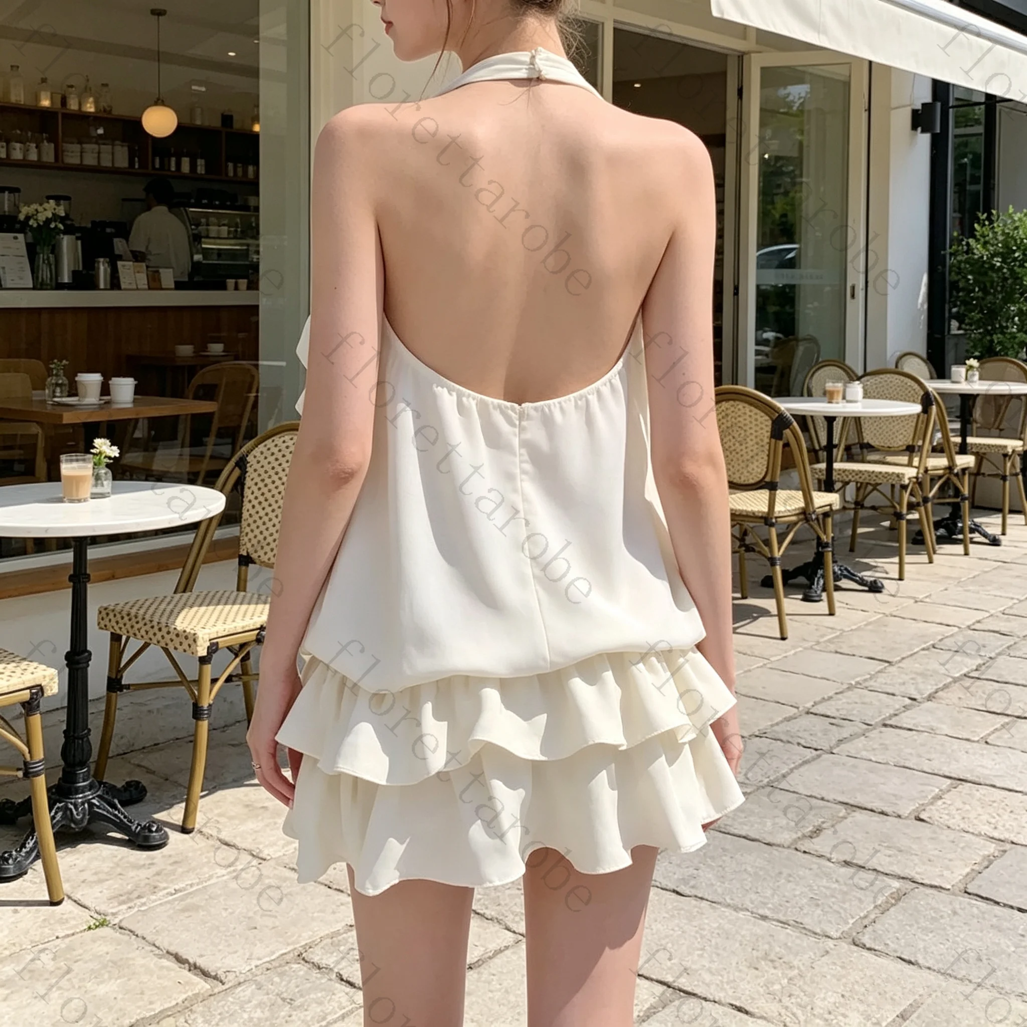 Customized Halter Sleeveless Bowknot Mini Dress Solid Color Ruffle Patchwork Cream White Sweet Romantic Summer Casual PartyDress