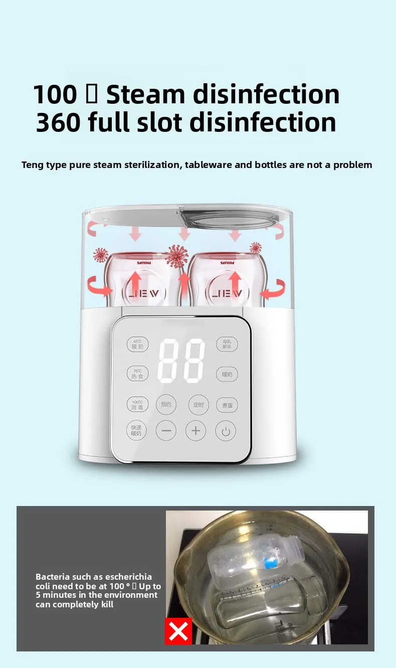 Termostato de leche para bebé, calentador de leche de doble botella, desinfección del termostato de leche dos en uno, temperatura constante de preservación del calor