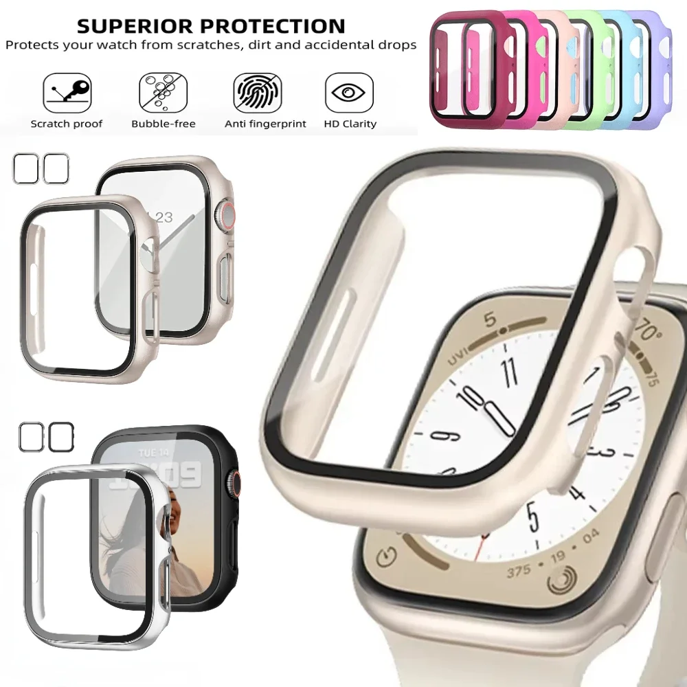 Tempered Glass Case for Apple Watch 9 8 7 45mm 41mm Explosion Proof Screen Protective Film for IWatch 6 5 4 3 SE 44mm 40mm 42mm