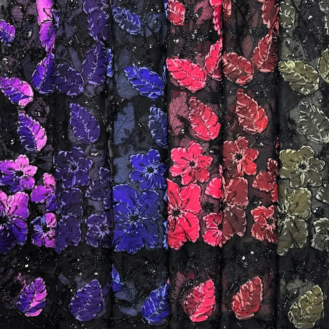 

2025 New Rhododendron Pattern Tulle 5 Yards Luxury Beaded Embroidery Fabric For High End Evening Dress and Gown Creation