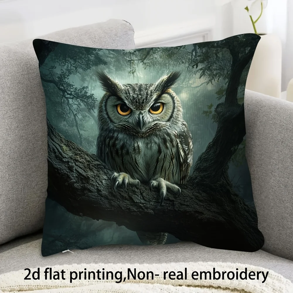 Mystic Owl Pillow Cover, Forest Night Scene Design Cushion Case for Halloween Christmas Home Decor Gift