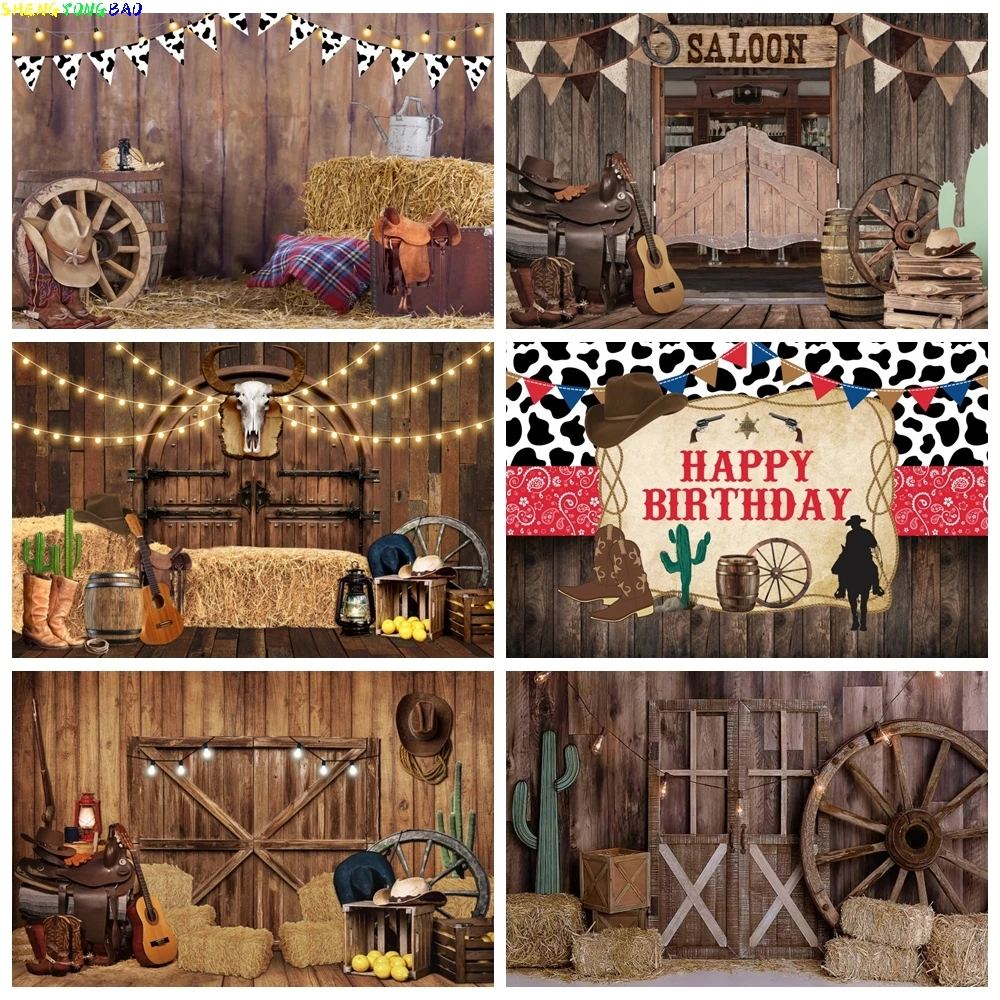 

Western Cowboy Baby Birthday Backdrop Farm Saloon Barn Horse USA Vintage Party Decor Photography Background Kid Photo Studio