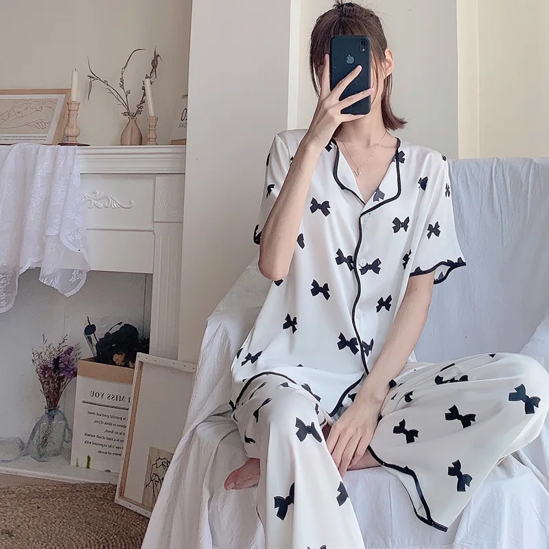 Women Pajamas Set Summer 2 Piece Butterfly Bow Print Pyjama Faux Silk Satin Sleepwear Short Sleeve Pijama Mujer Pjs Homewear