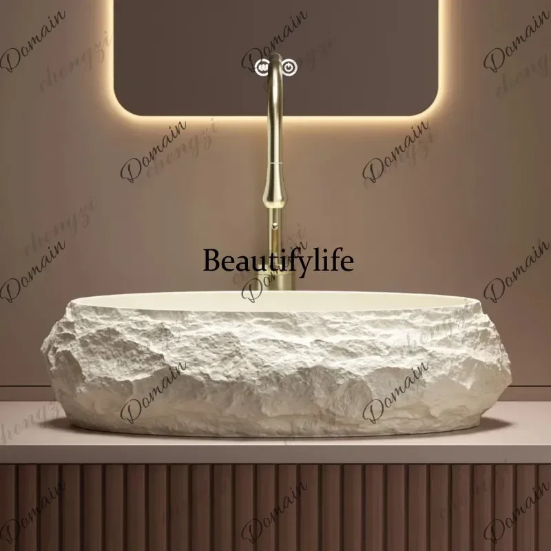 OHX Creative Cream Wind Artificial Stone Platform Basin Oval Wash Basin Hotel Round Artist Household Wash Basin