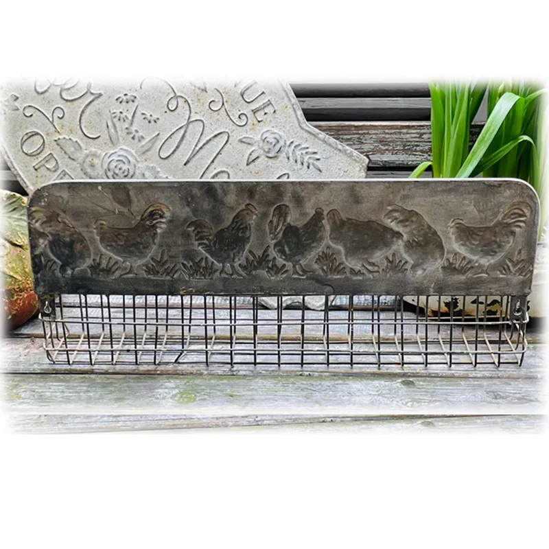 French Countryside Charm: Handcrafted Rooster Relief Wall Shelf Iron Basket