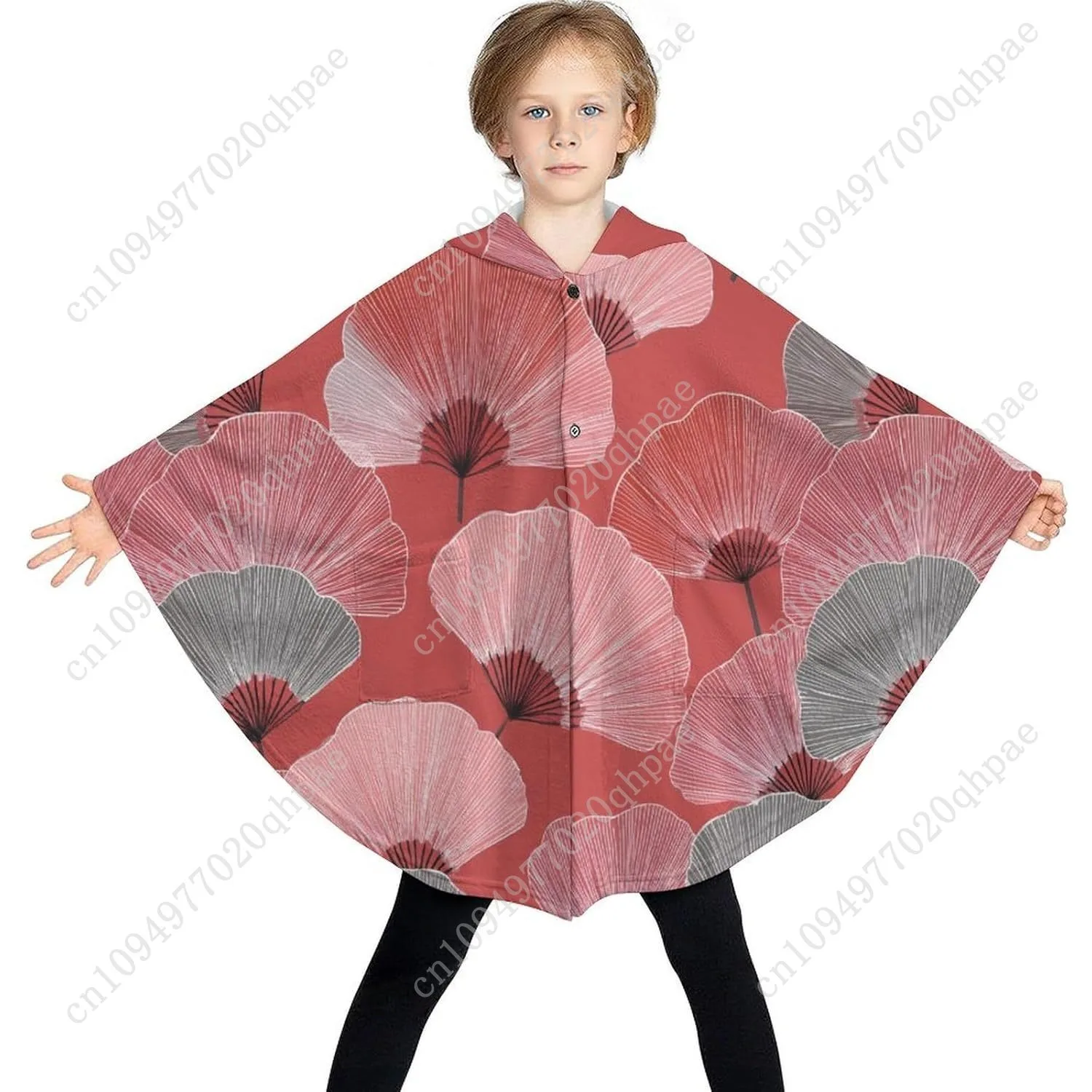 Comodo maglione coperta in flanella, felpa con cappuccio oversize vintage con foglie di ginkgo con tasche per bambini e adolescenti