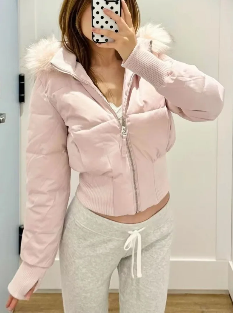 Women Aesthetic Vintage Padded Coat Winter Long Sleeve Fur Collar Zipper Outerwear Casual Retro Short Coat