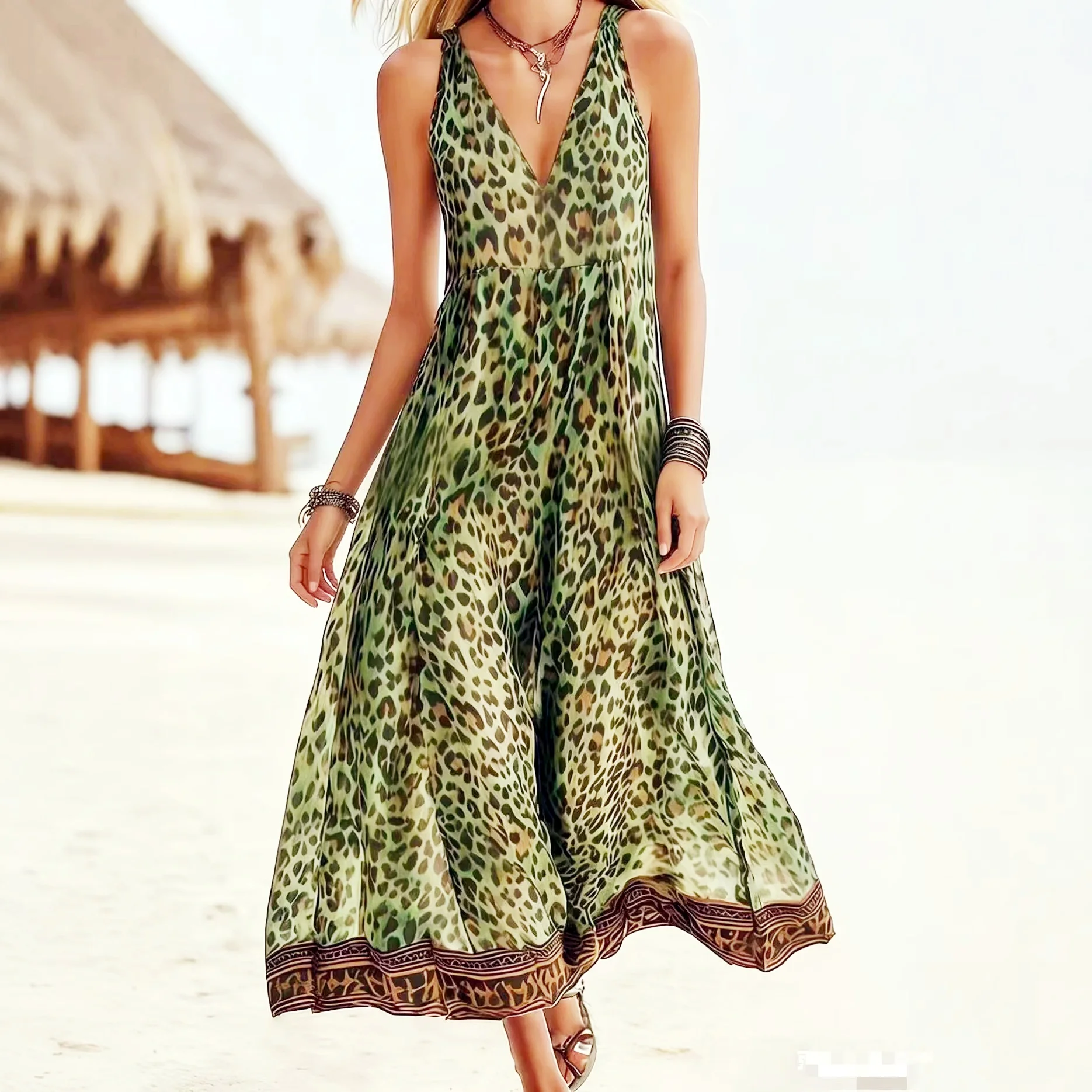 Sommerliches Leopardenmuster-Kleid, Ärmellos mit V-Ausschnitt, Lässiges Urlaubskleid, Elegantes Abend-Maxikleid für Damen