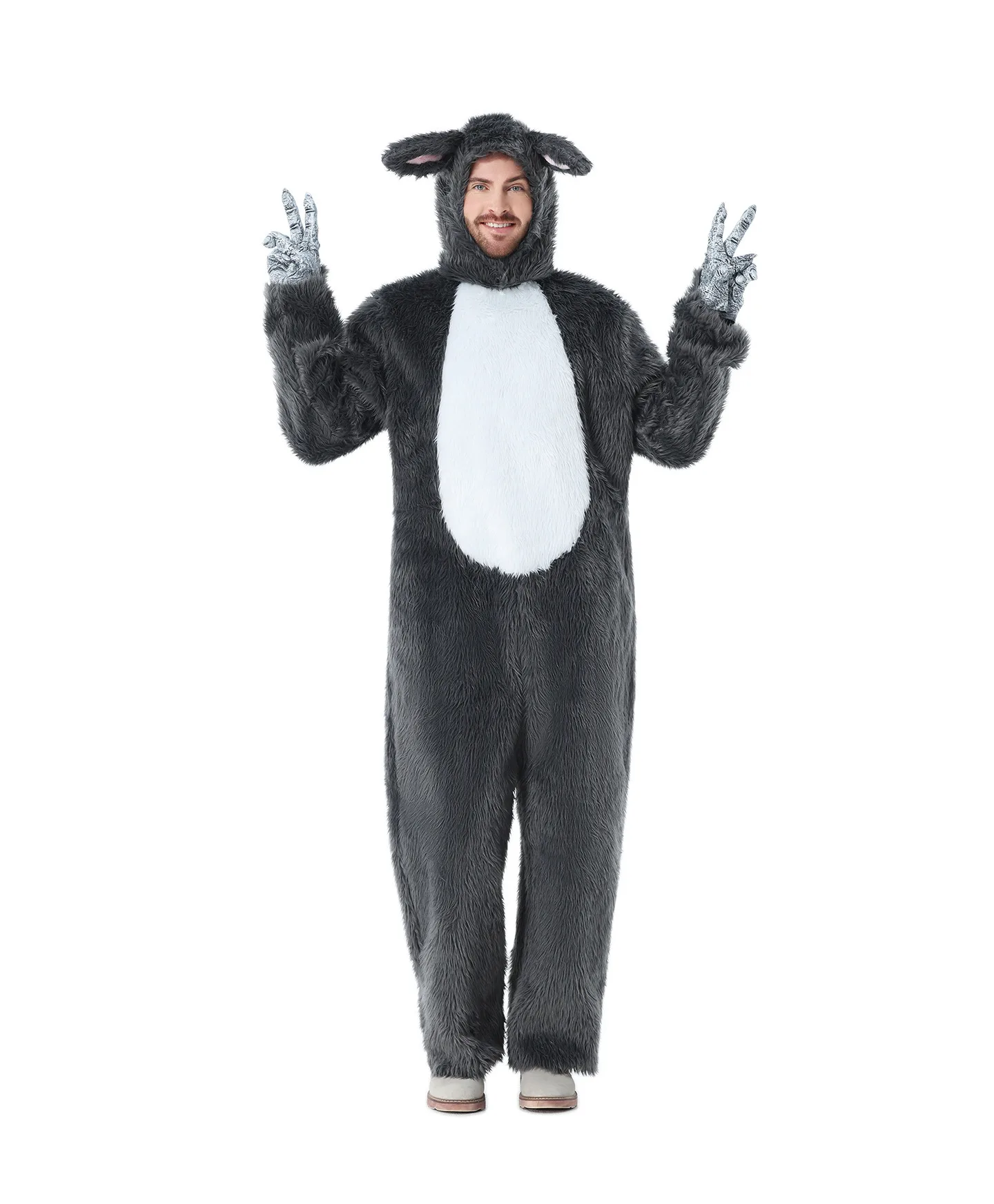 Flauschiger Herren-Wolf-Jumpsuit mit Kapuze und Wolfsohren, Weißer Bauch-Design, Erwachsenen-Halloween-Tier-Cosplay-Outfit – Detail 6