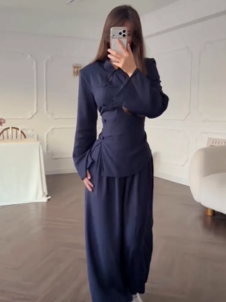 Neues Chinesisches 2-Teiliges Damen-Kombi-Set: Schickes Langarm-Oberteil mit Froschknöpfen und Bequeme Hochtaillierte Weite Hose für den Berufseinsatz – Detail 6