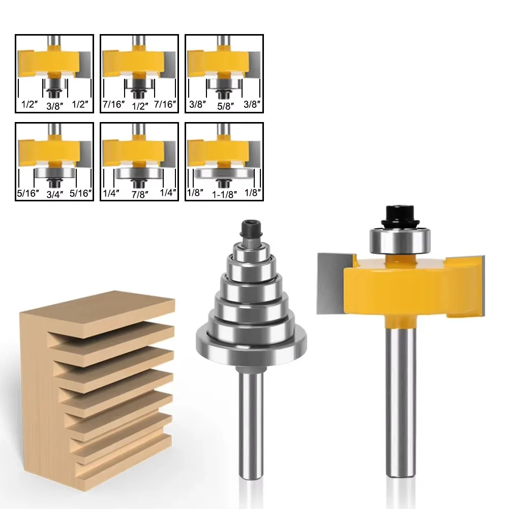 

1PC 8MM 1/4" 6.35MM 1/2" 12.7MM Shank Milling Cutter Wood Carving With 6 Bearings Set -1/2"H Woodworking Tenon Rabbet Router Bit