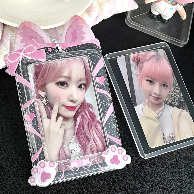 Portatarjetas de fotos con lazo de encaje lindo, exquisito Idol, Fundas protectoras de exhibición, papelería Kawaii, colgante, llavero, regalos