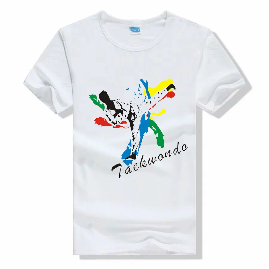 Taekwondo T-shirt round neck short sleeve kids student white bird\'s eye breathable quick-drying cartoon print training uniform